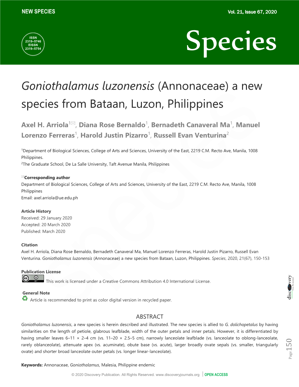 Goniothalamus Luzonensis (Annonaceae) a New Species from Bataan, Luzon, Philippines