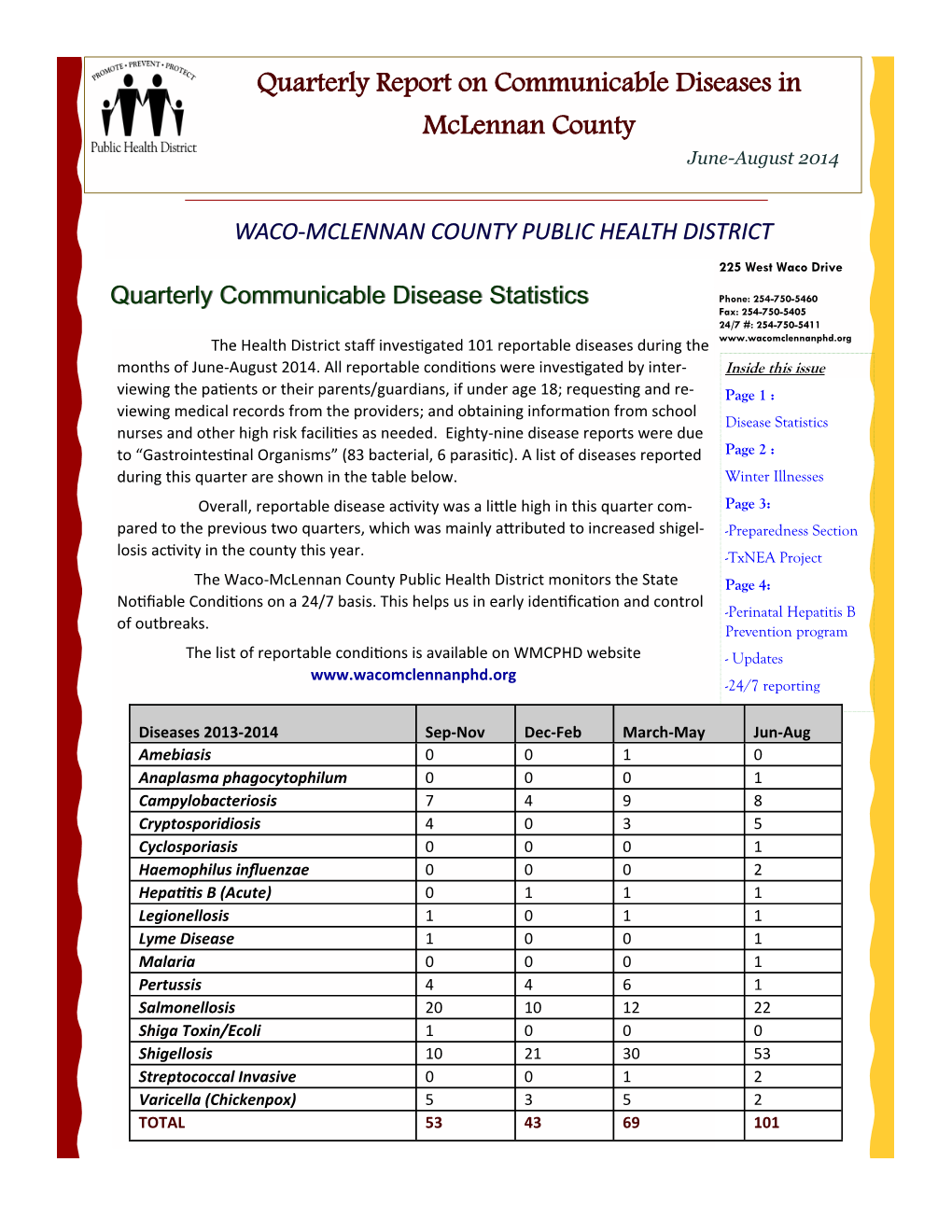 Quarterly Report on Communicable Diseases in Mclennan County June-August 2014