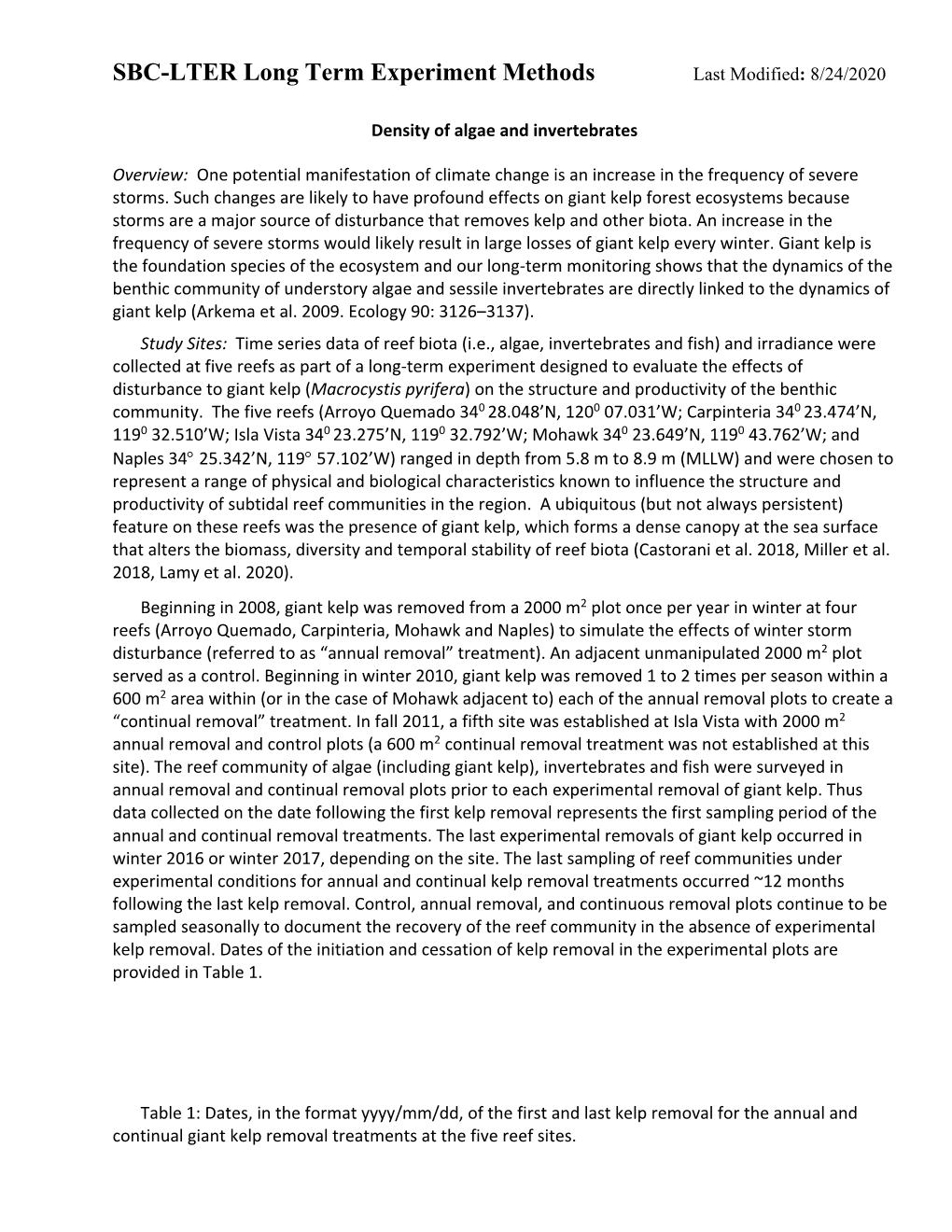 SBC-LTER Long Term Experiment Methods Last Modified: 8/24/2020