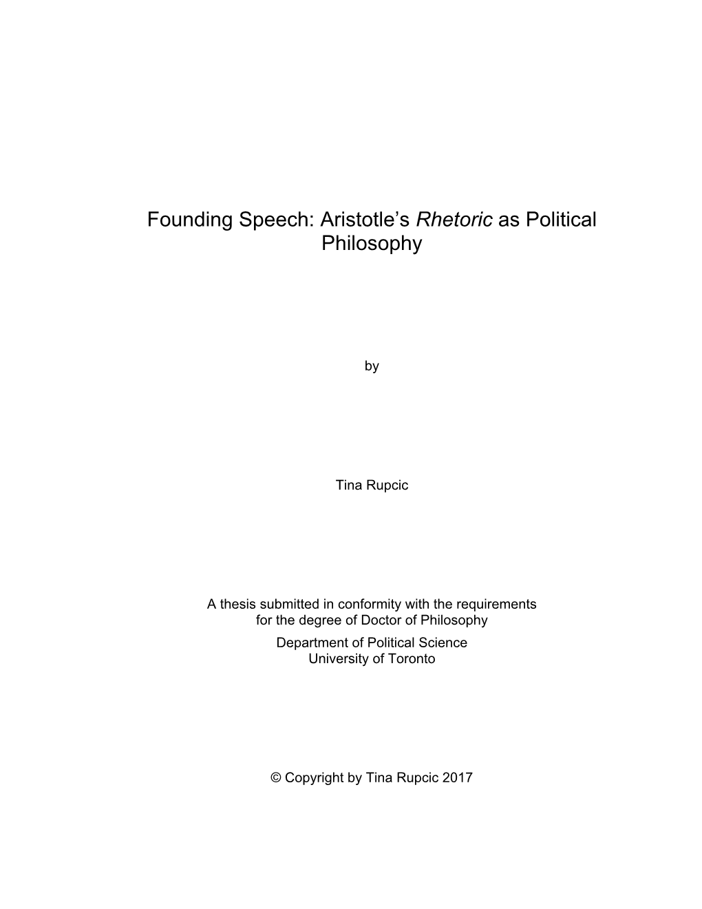 Aristotle's Rhetoric As Political Philosophy