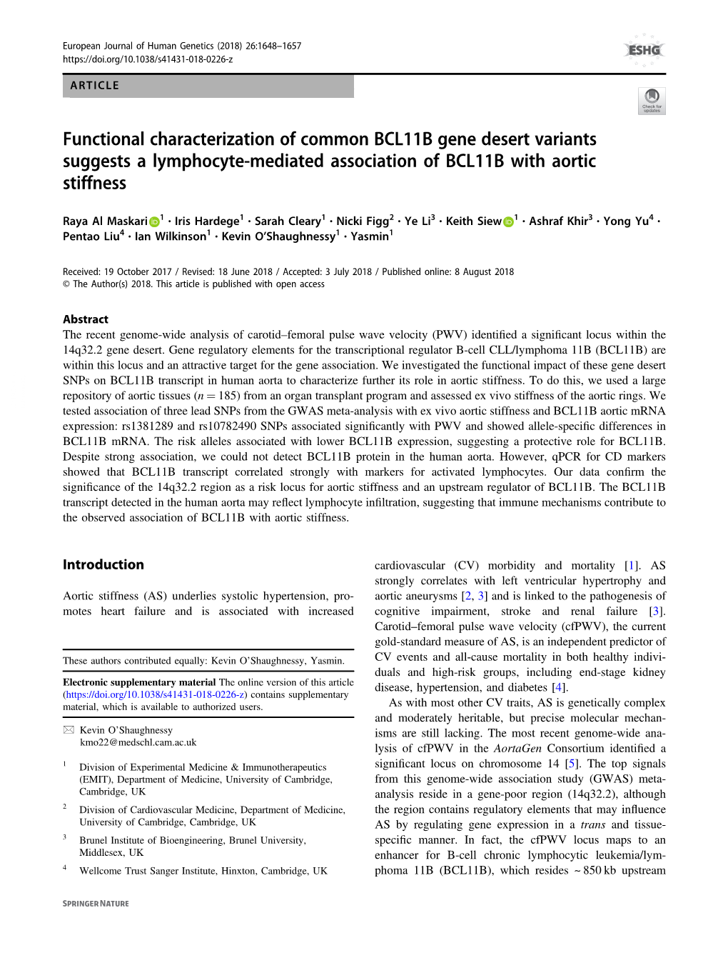 Functional Characterization of Common BCL11B Gene Desert Variants Suggests a Lymphocyte-Mediated Association of BCL11B with Aortic Stiffness