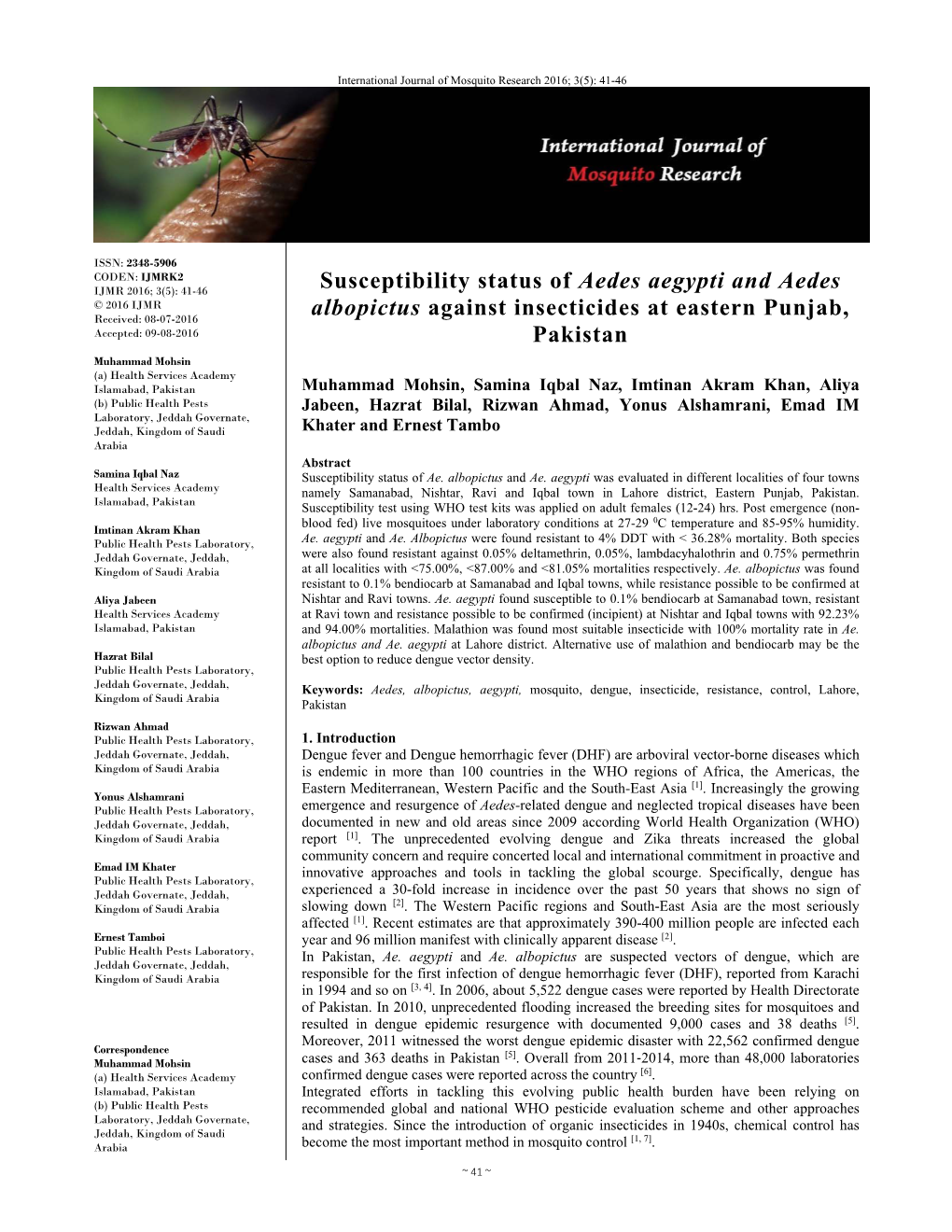 Susceptibility Status of Aedes Aegypti and Aedes Albopictus Against