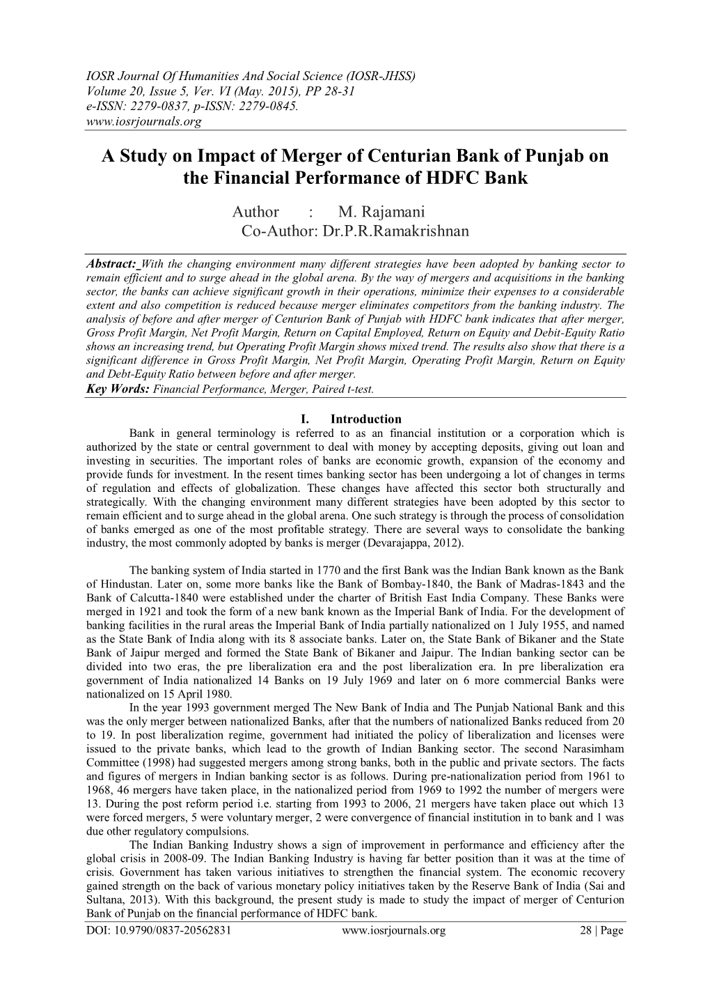 A Study on Impact of Merger of Centurian Bank of Punjab on the Financial Performance of HDFC Bank