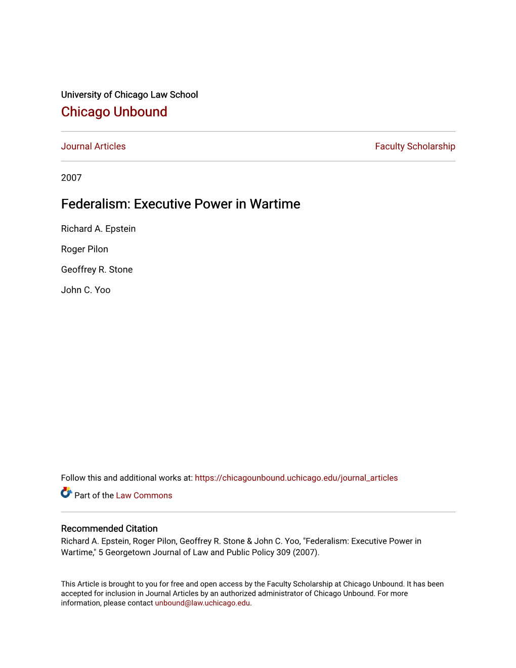 Federalism: Executive Power in Wartime