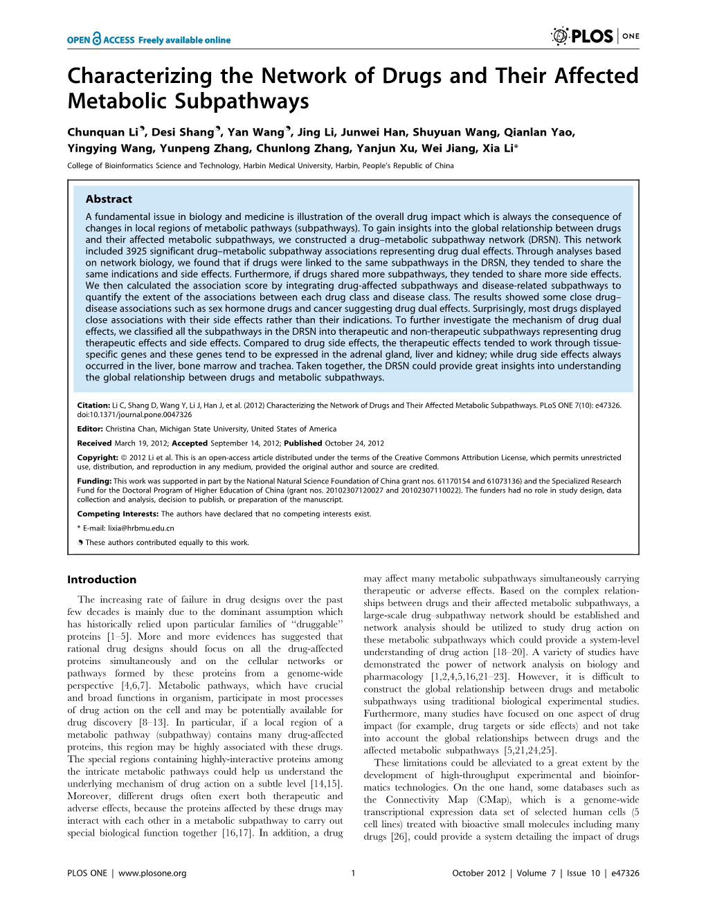 Characterizing the Network of Drugs and Their Affected Metabolic Subpathways