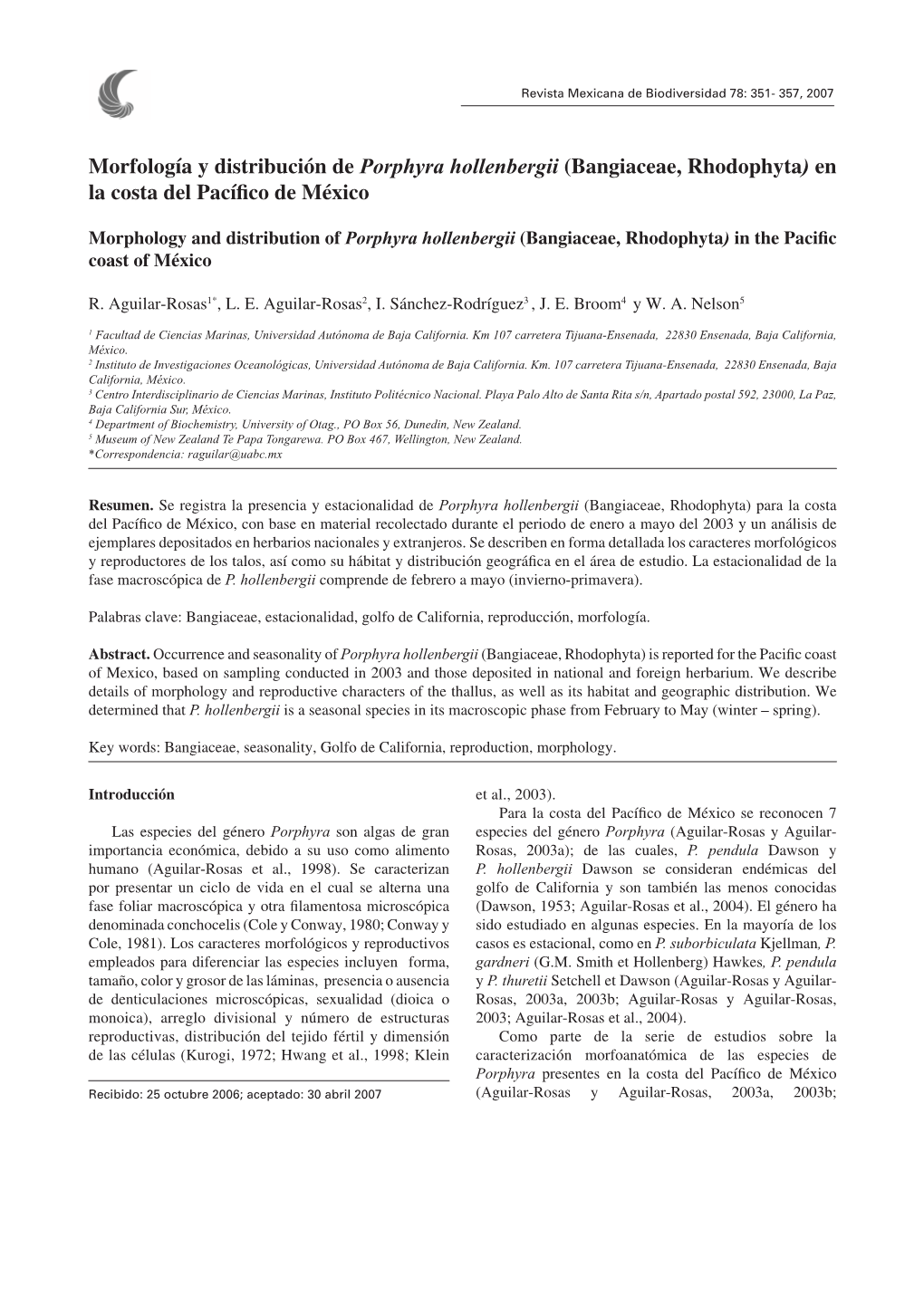 Morfología Y Distribución De Porphyra Hollenbergii (Bangiaceae, Rhodophyta) En La Costa Del Pacíﬁ Co De México