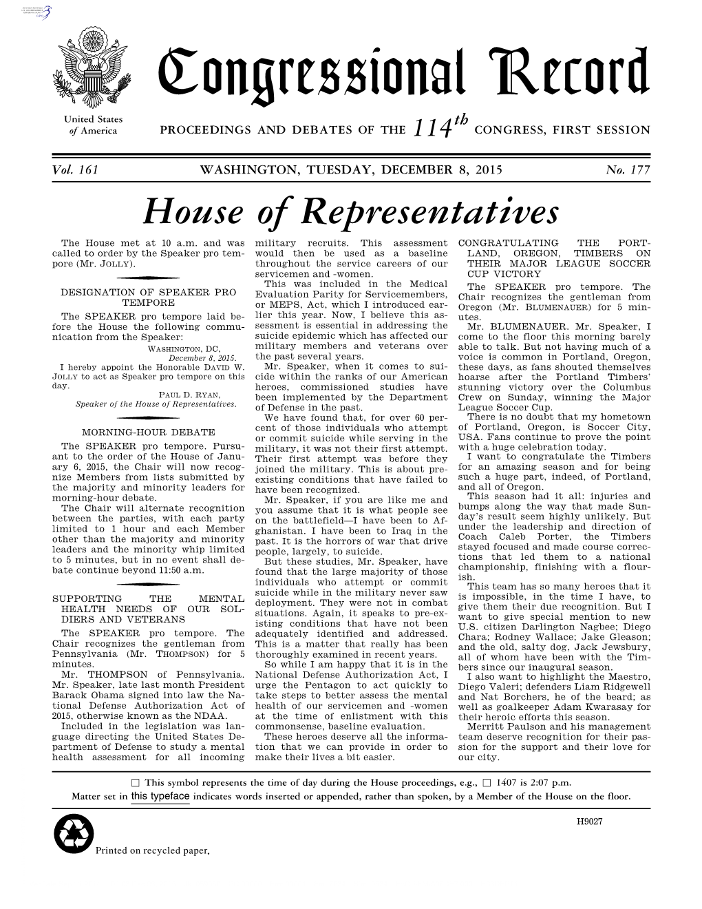 Congressional Record United States Th of America PROCEEDINGS and DEBATES of the 114 CONGRESS, FIRST SESSION