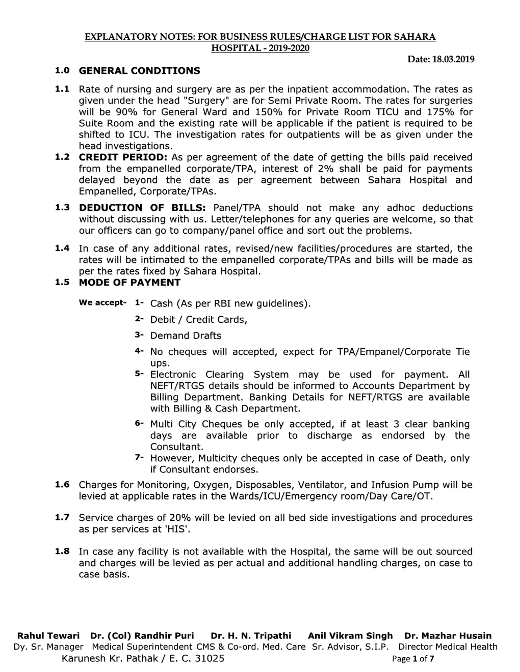 For Business Rules/Charge List for Sahara Hospital