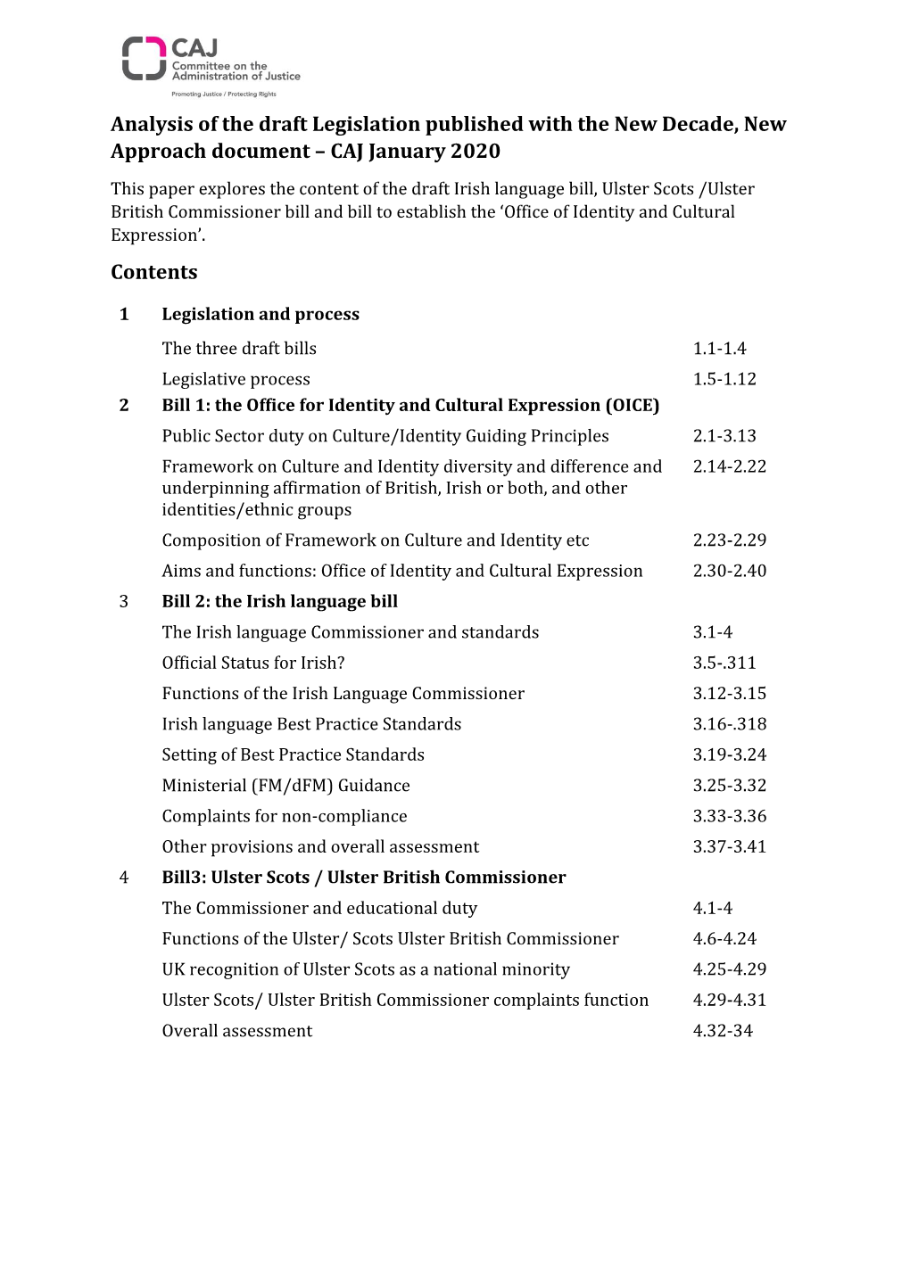 Analysis of the Draft Legislation Published with the New Decade, New Approach Document – CAJ January 2020 Contents