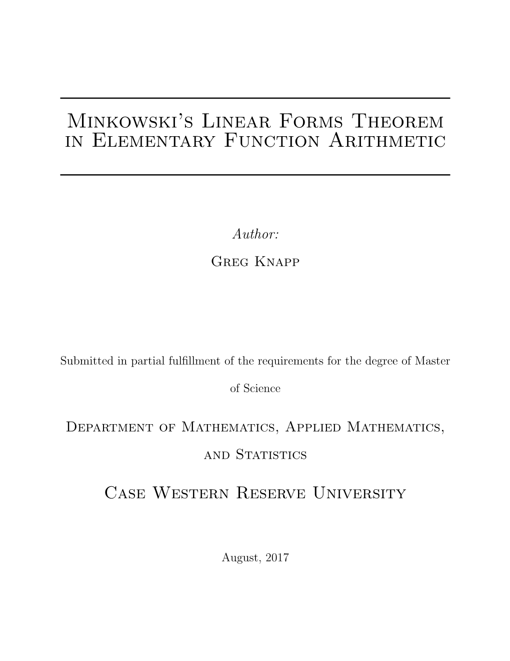 Minkowski's Linear Forms Theorem in Elementary Function Arithmetic