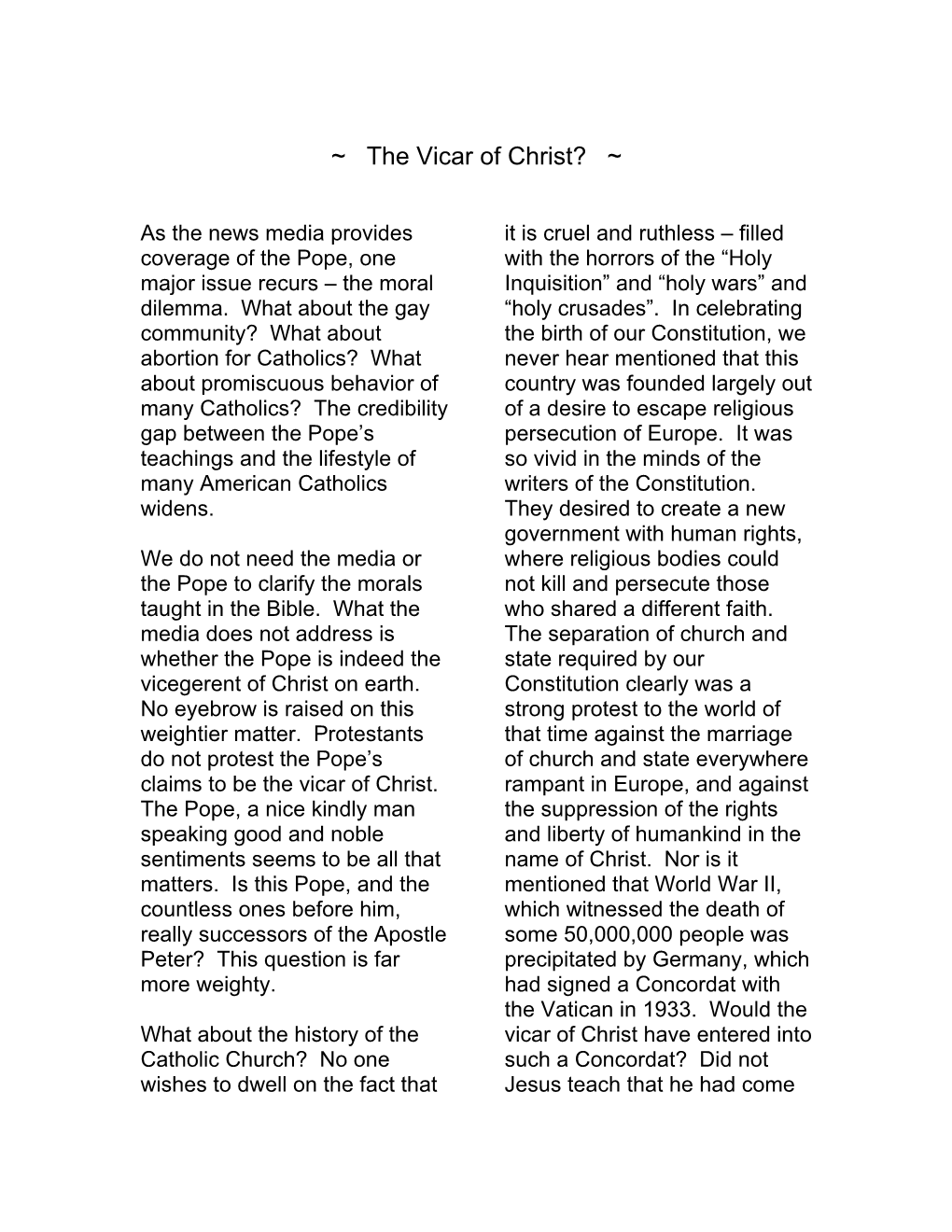 The Vicar of Christ? ~