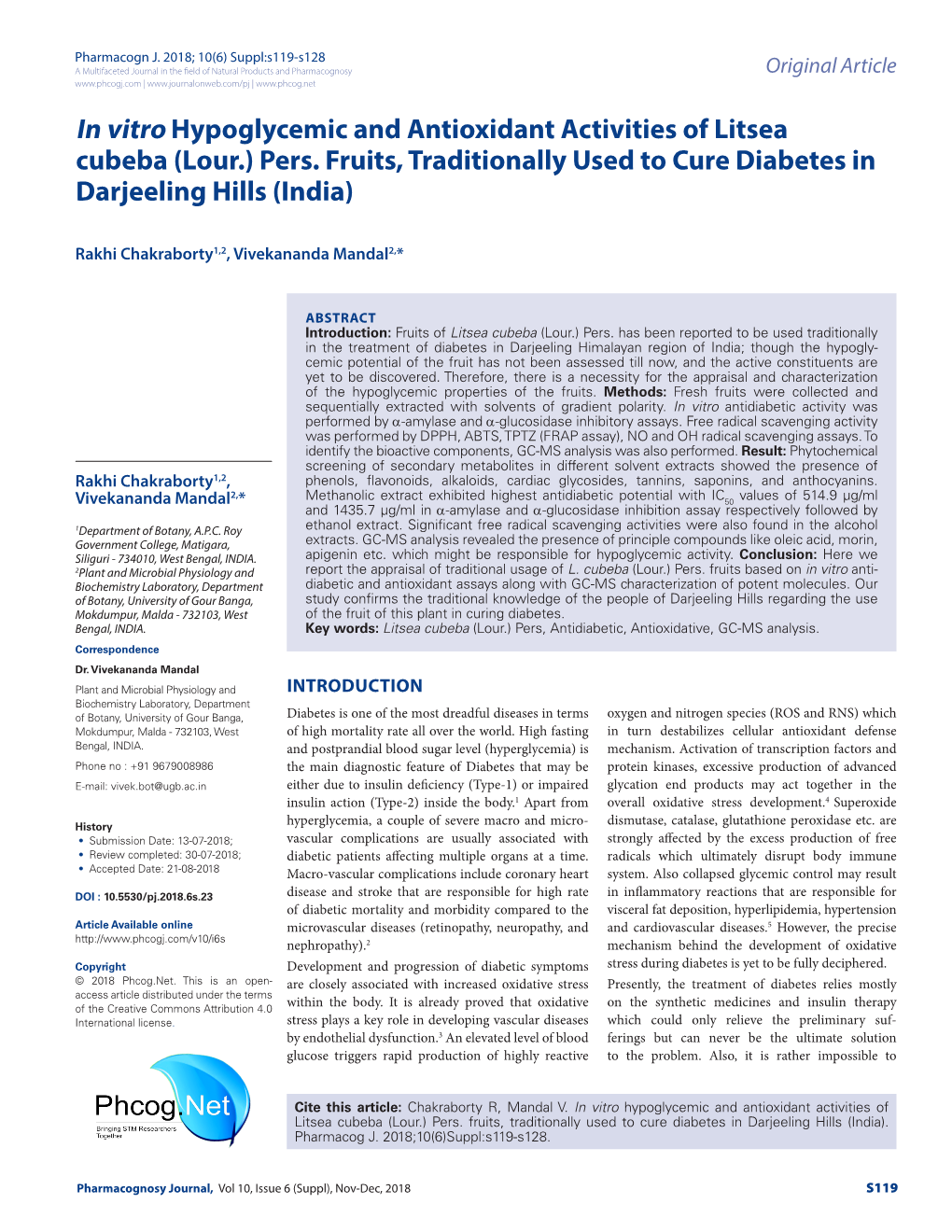 In Vitro Hypoglycemic and Antioxidant Activities of Litsea Cubeba (Lour.) Pers