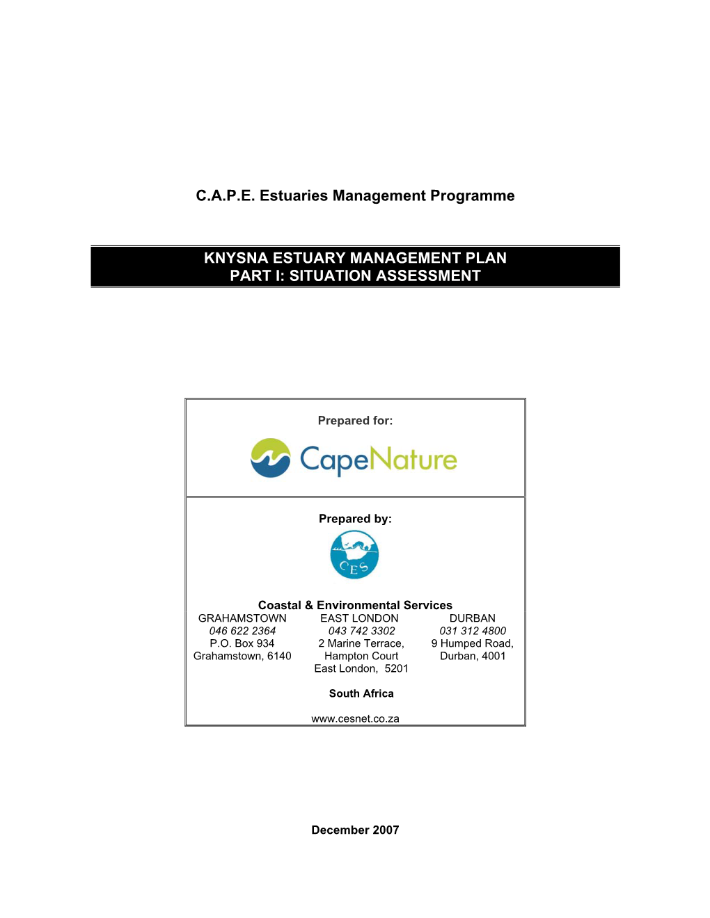 Knysna Estuary Management Plan Part I: Situation Assessment