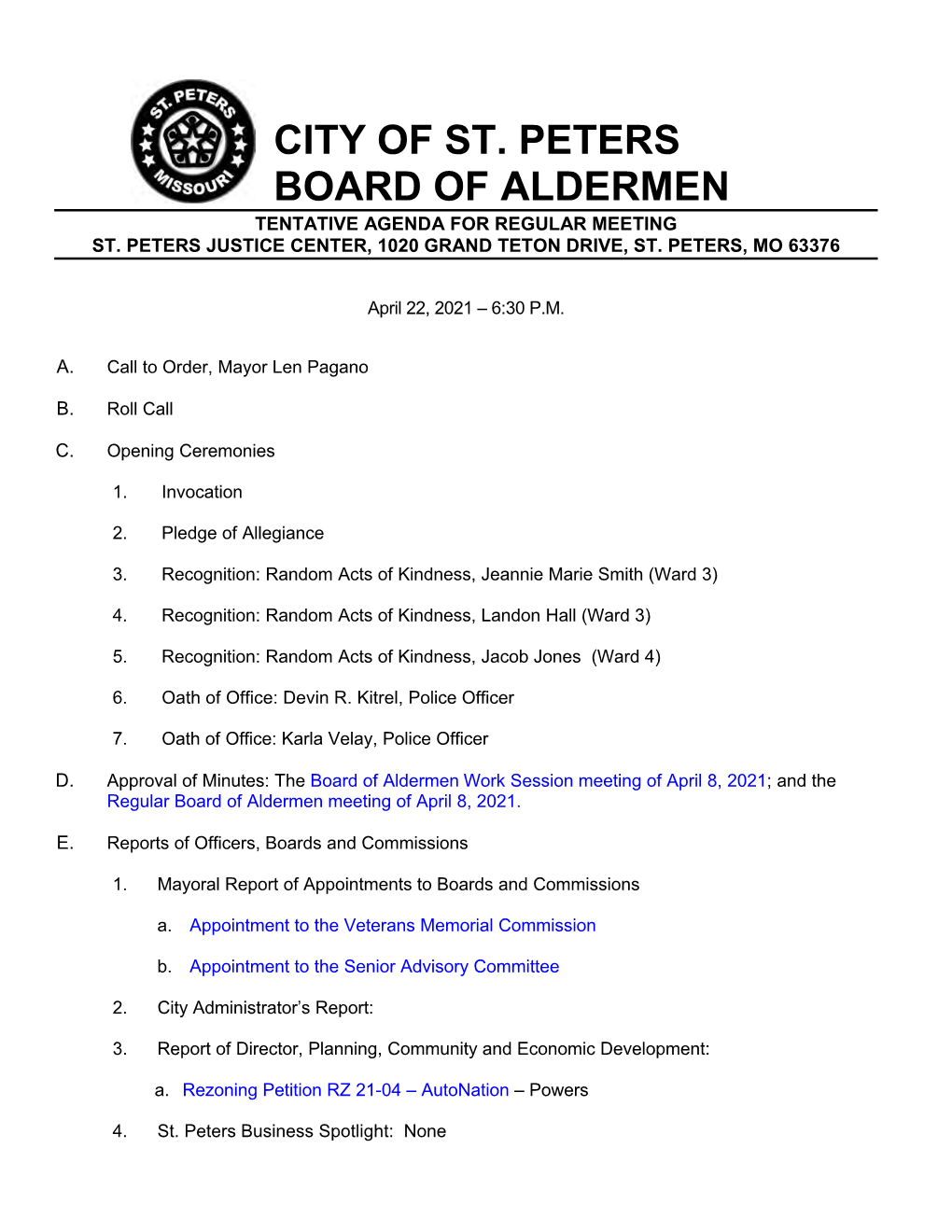 City of St. Peters Board of Aldermen Tentative Agenda for Regular Meeting St