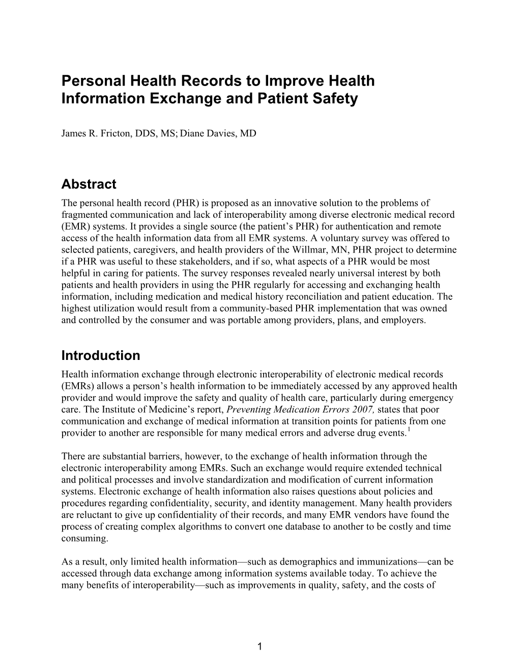 Personal Health Records to Improve Health Information Exchange and Patient Safety