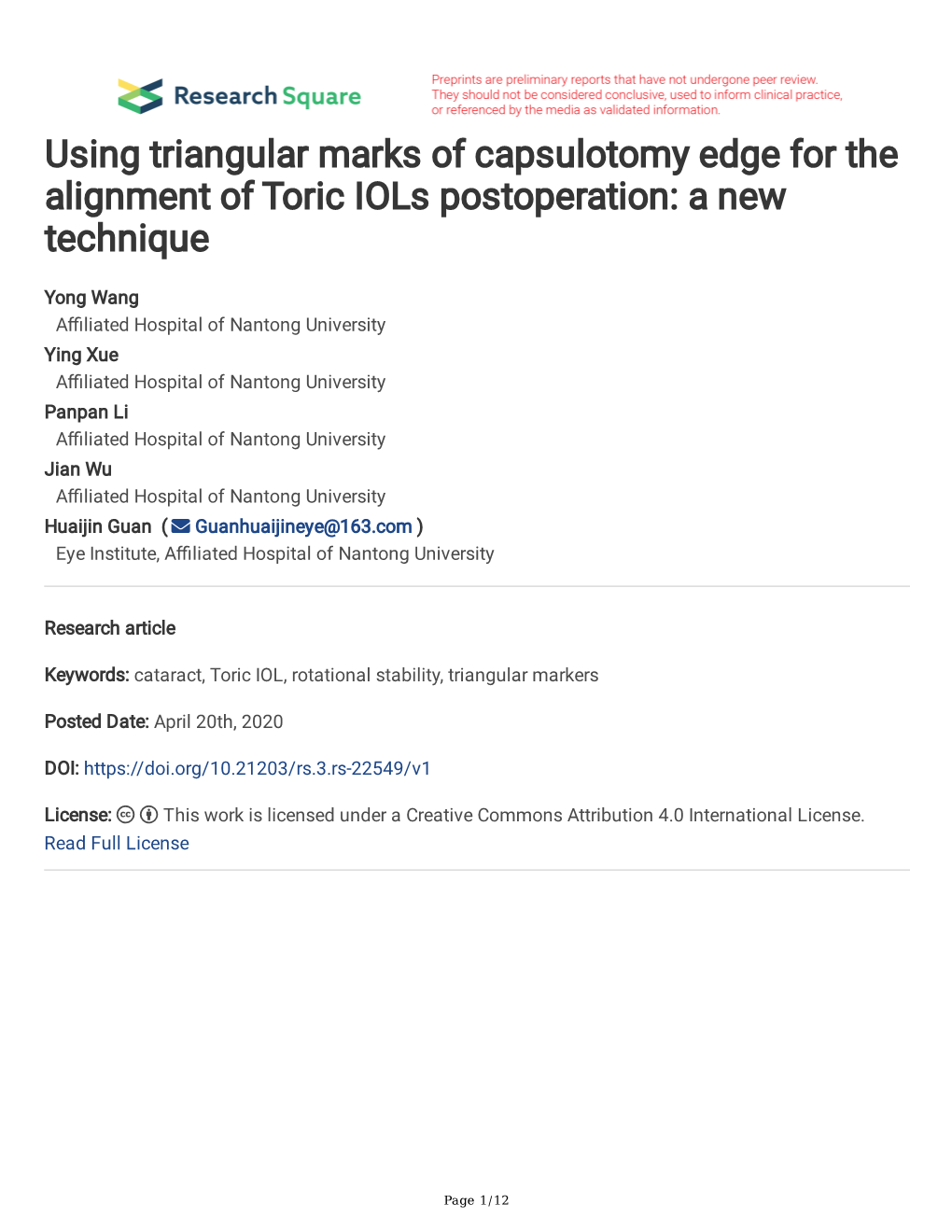 Using Triangular Marks of Capsulotomy Edge for the Alignment of Toric Iols Postoperation: a New Technique