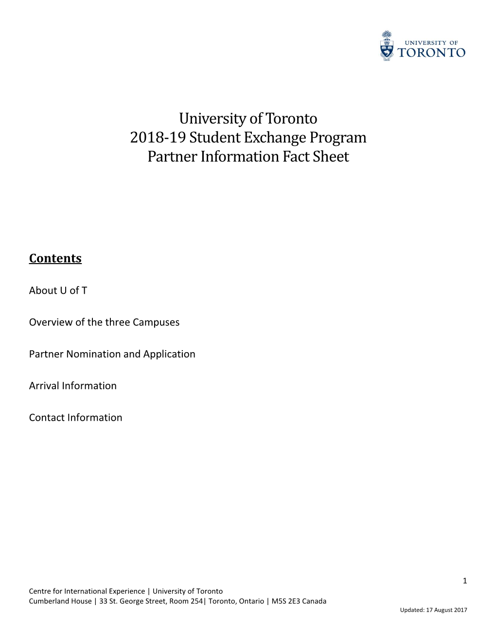 University of Toronto 2018-19 Student Exchange Program Partner Information Fact Sheet