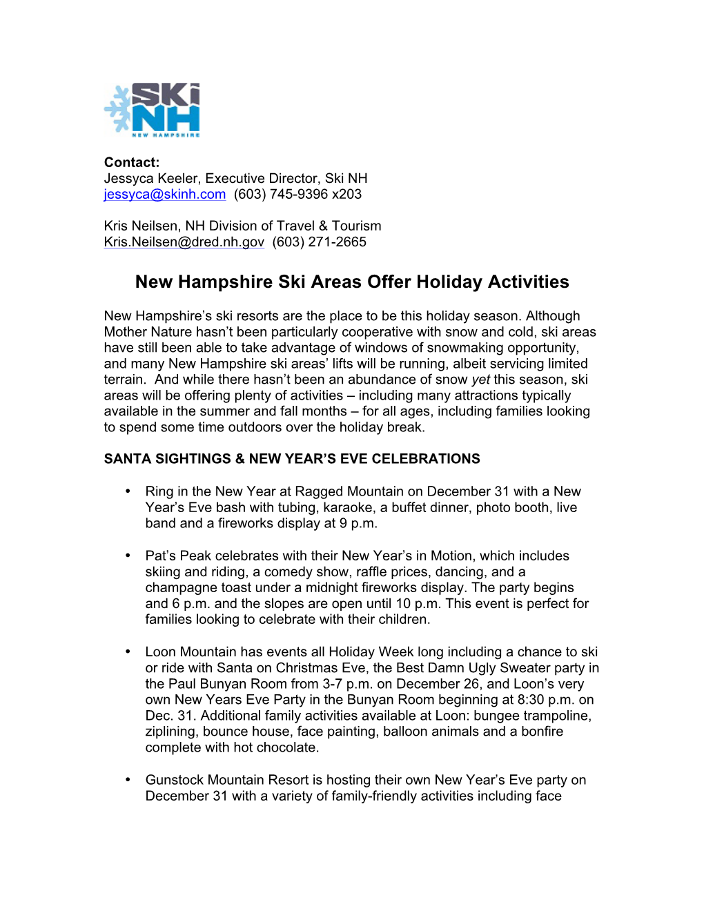 New Hampshire Ski Areas Offer Holiday Activities