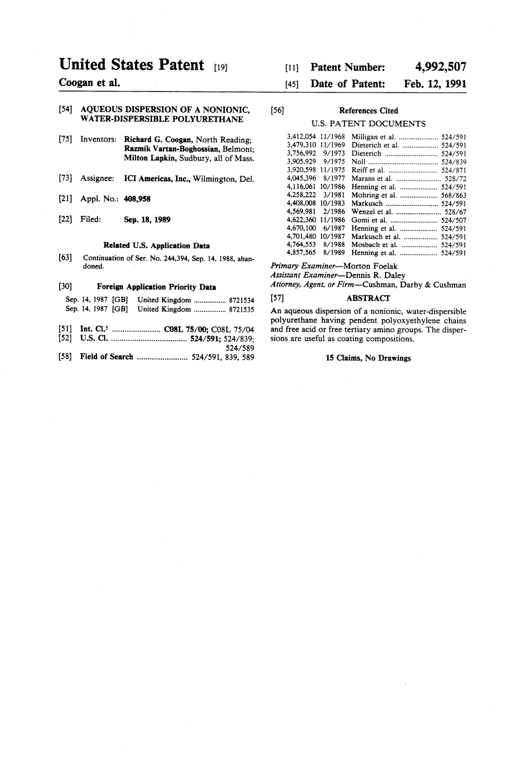 United States Patent (19) 11 Patent Number: 4992,507 Coogan Et Al