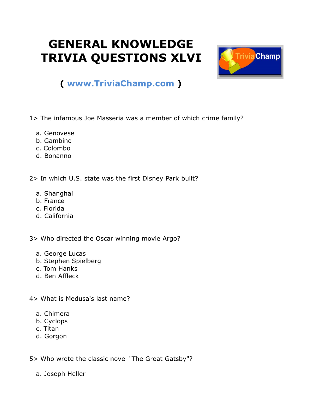 General Knowledge Trivia Questions Xlvi