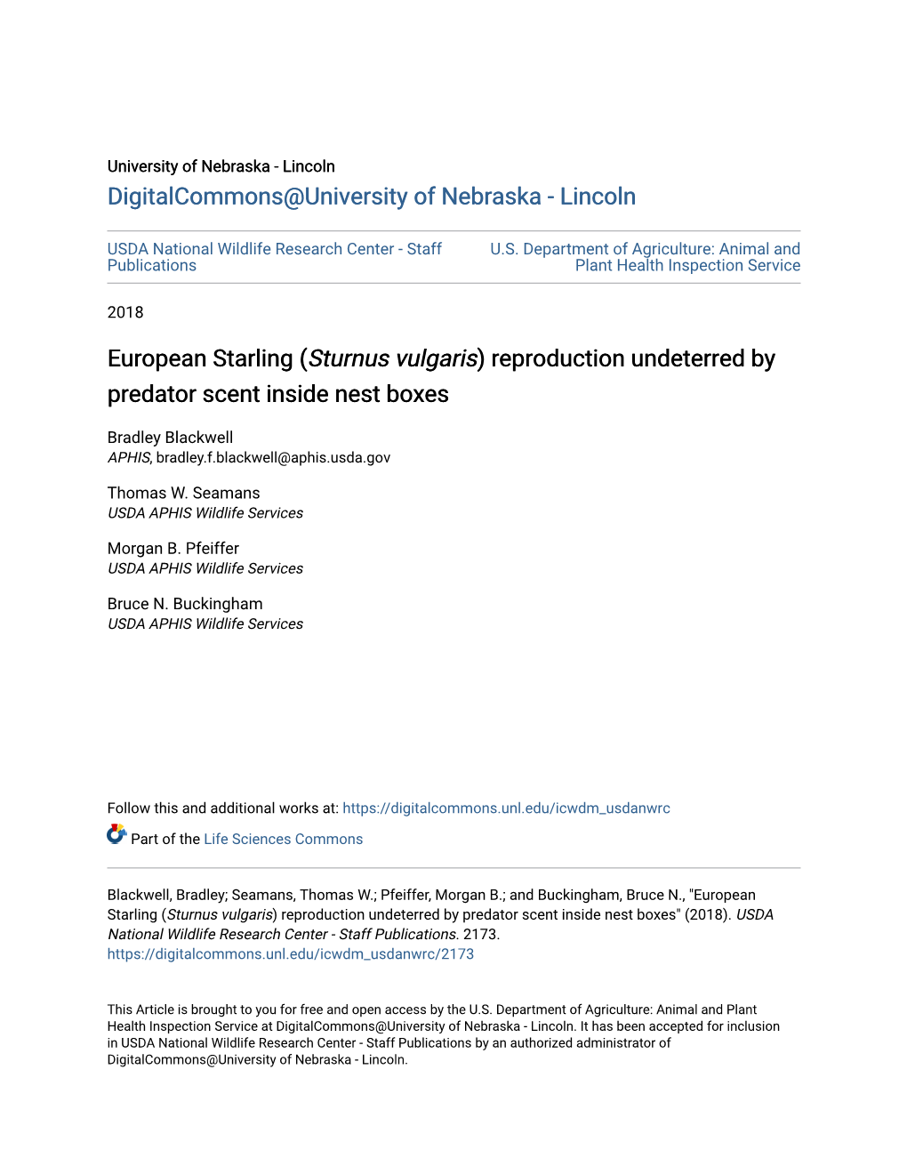 European Starling (Sturnus Vulgaris) Reproduction Undeterred by Predator Scent Inside Nest Boxes