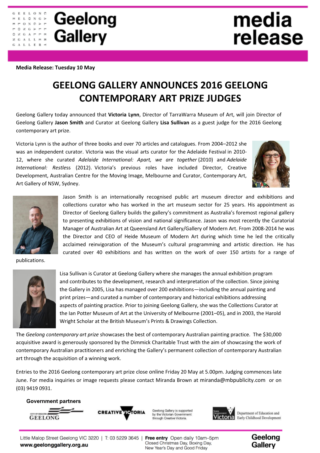 Geelong Gallery Announces 2016 Geelong Contemporary Art Prize Judges