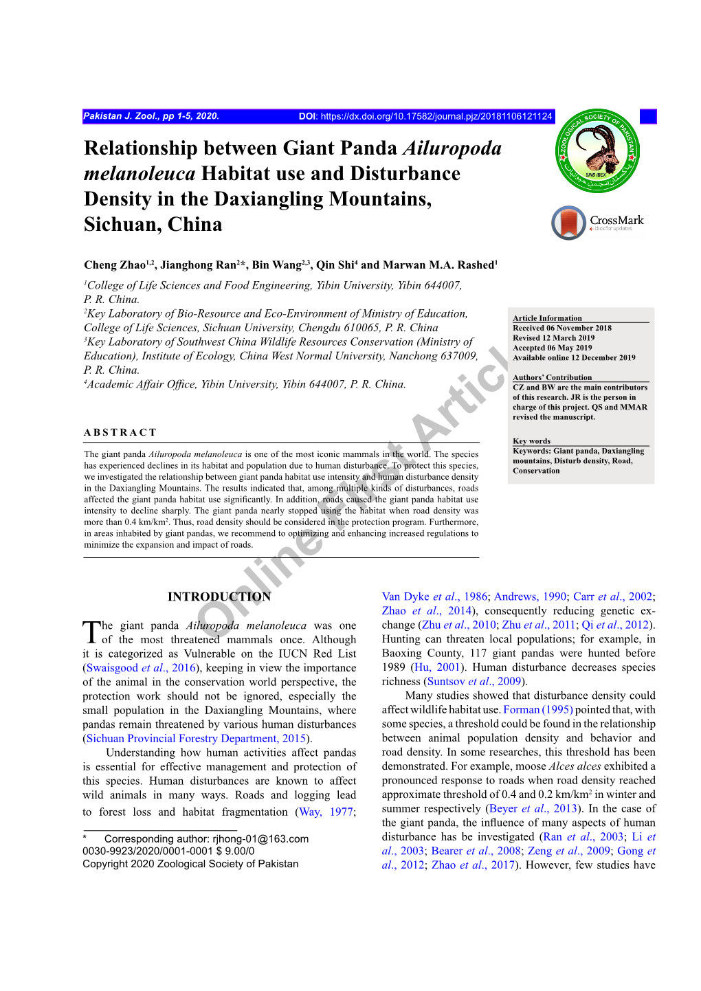 Relationship Between Giant Panda Ailuropoda Melanoleuca Habitat Use and Disturbance Density in the Daxiangling Mountains, Sichuan, China