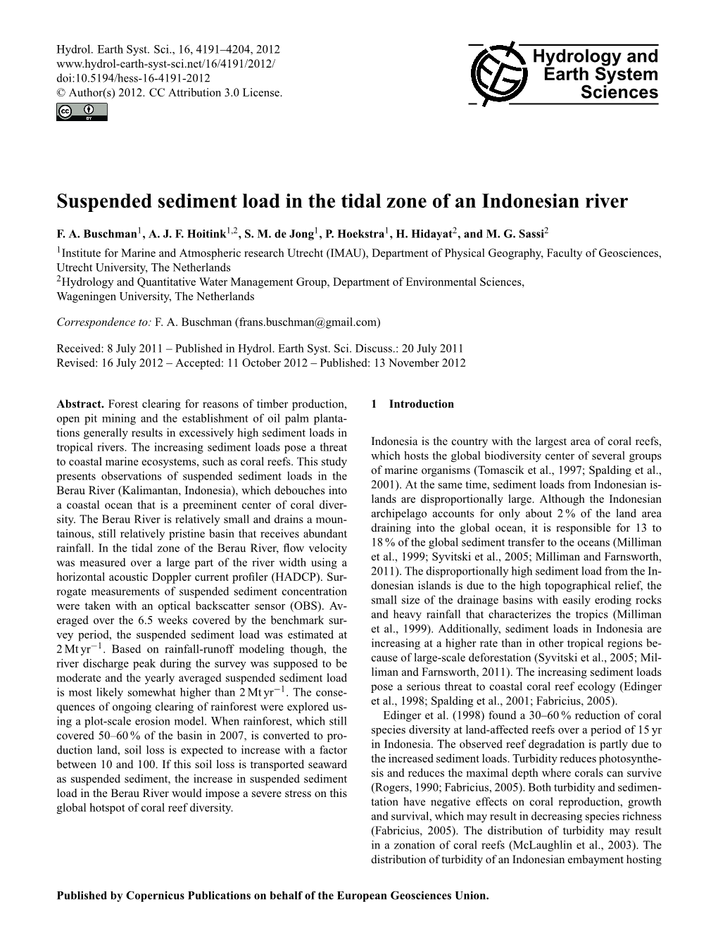 Suspended Sediment Load in the Tidal Zone of an Indonesian River