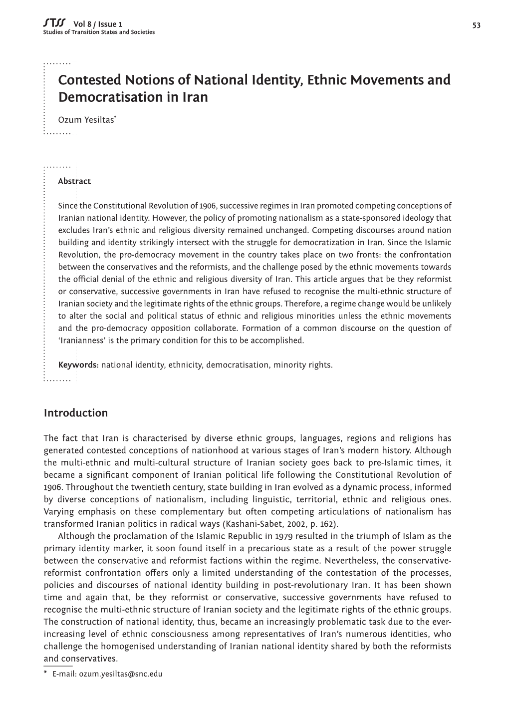 Contested Notions of National Identity, Ethnic Movements and Democratisation in Iran