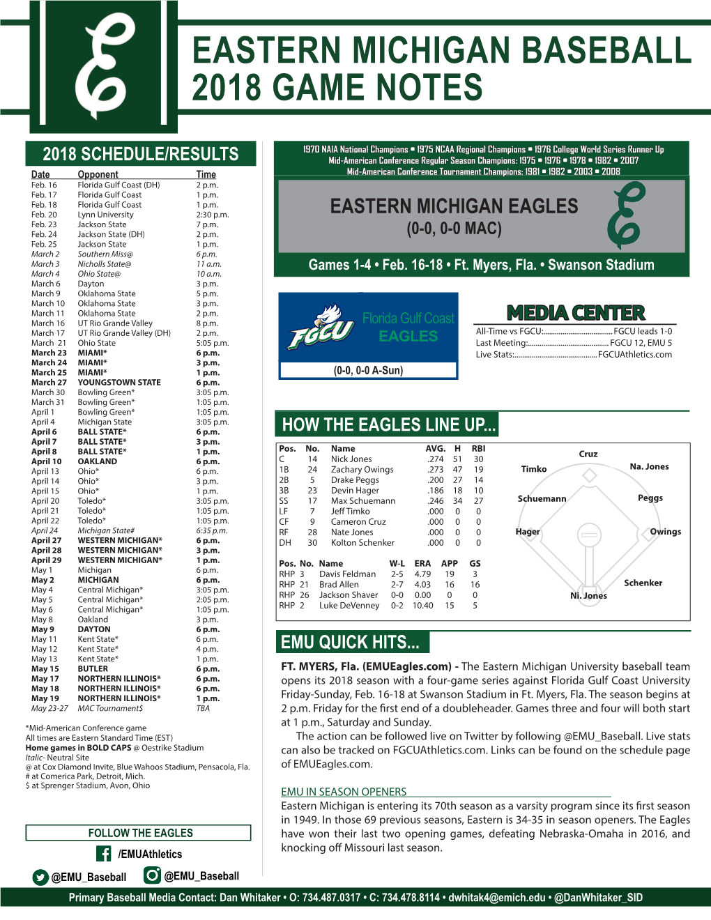 Eastern Michigan Baseball 2018 Game Notes