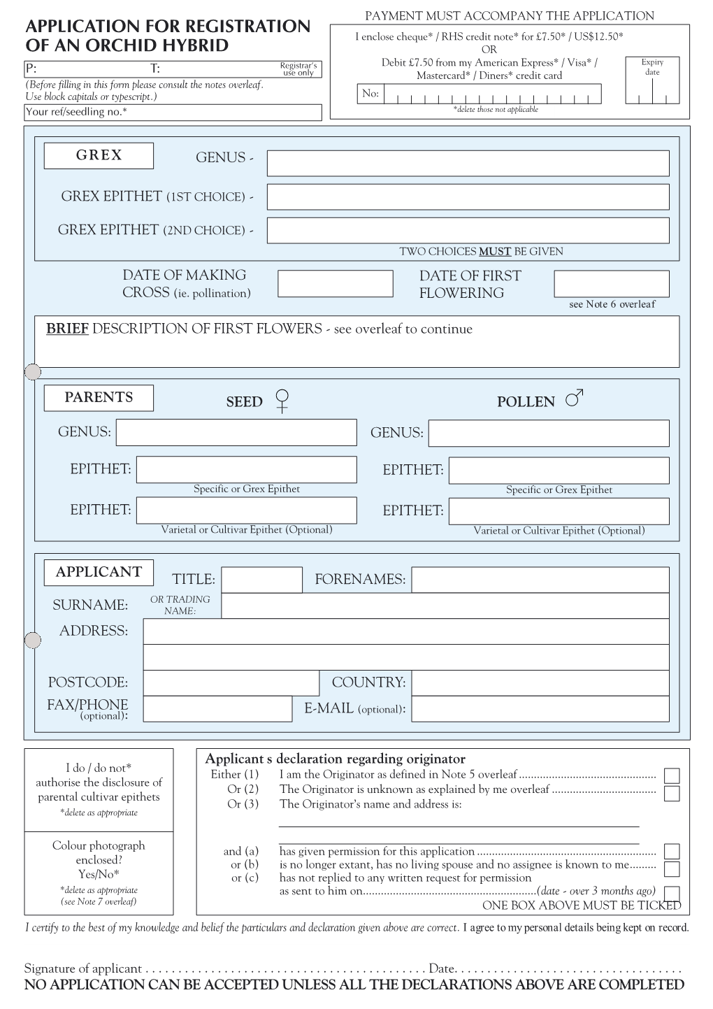 Application for Registration of an Orchid Hybrid