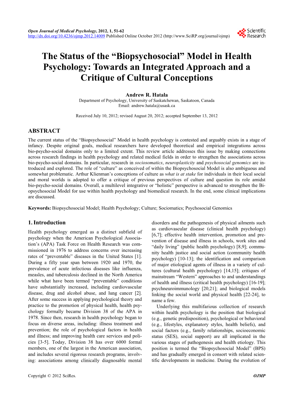 “Biopsychosocial” Model in Health Psychology: Towards an Integrated Approach and a Critique of Cultural Conceptions