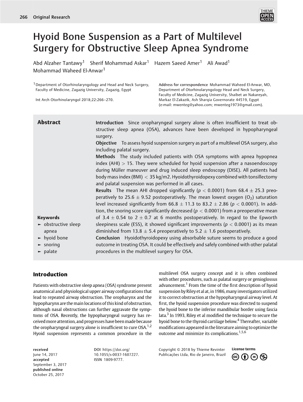 Hyoid Bone Suspension As a Part of Multilevel Surgery for Obstructive Sleep Apnea Syndrome