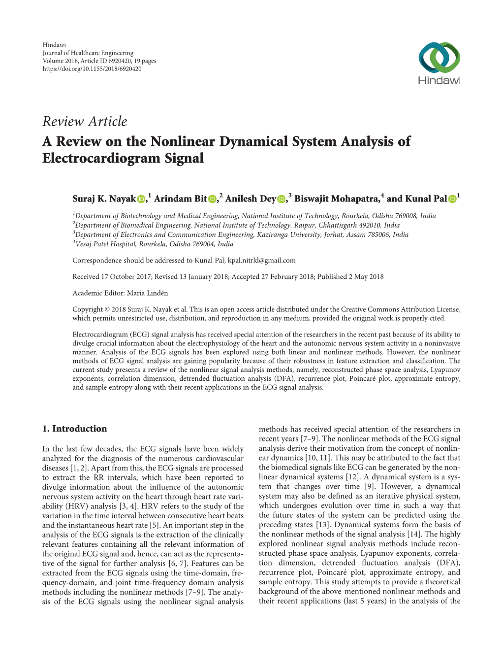 A Review on the Nonlinear Dynamical System Analysis of Electrocardiogram Signal