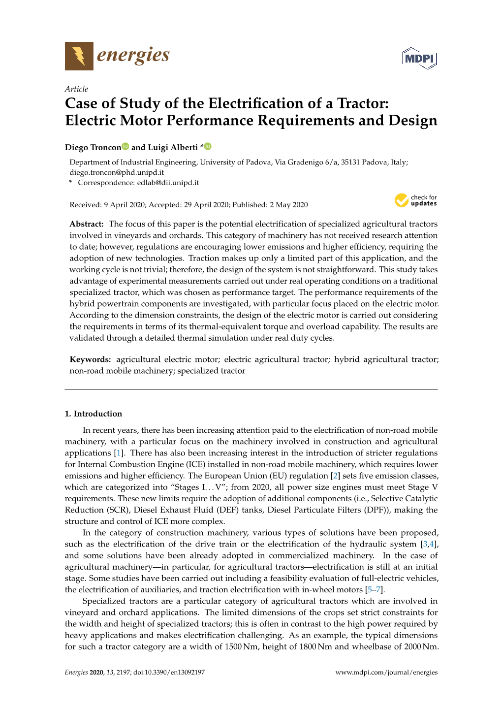 Case of Study of the Electrification of a Tractor: Electric Motor Performance