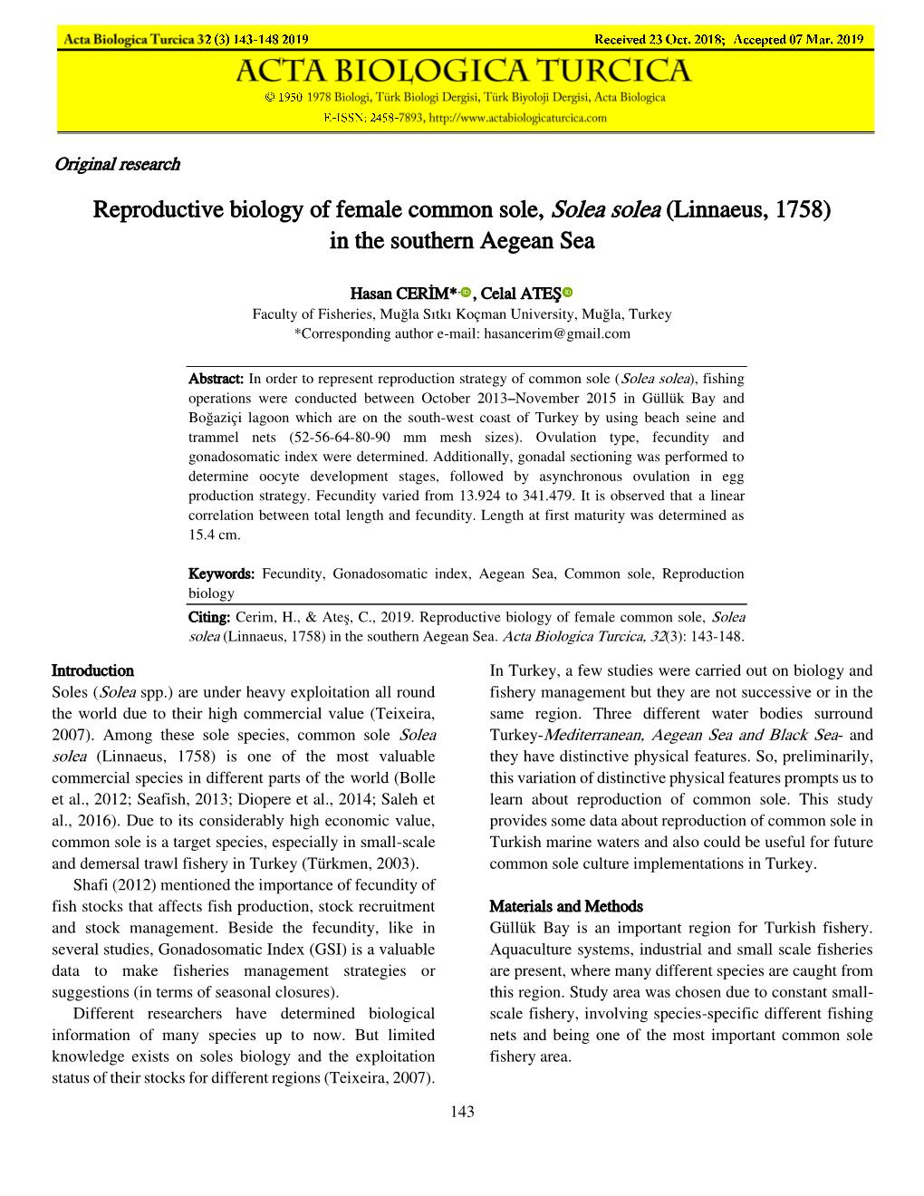 Reproductive Biology of Female Common Sole, Solea Solea (Linnaeus, 1758) in the Southern Aegean Sea