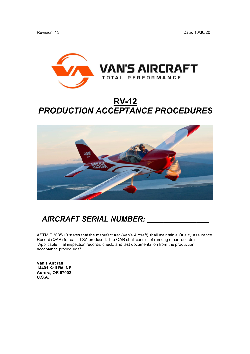 Rv-12 Production Acceptance Procedures