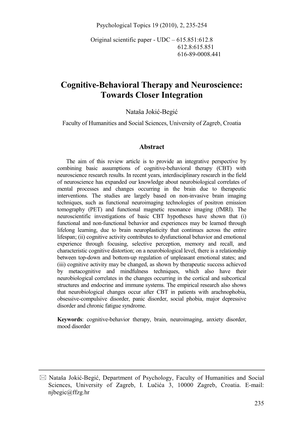 Cognitive-Behavioral Therapy and Neuroscience: Towards Closer Integration