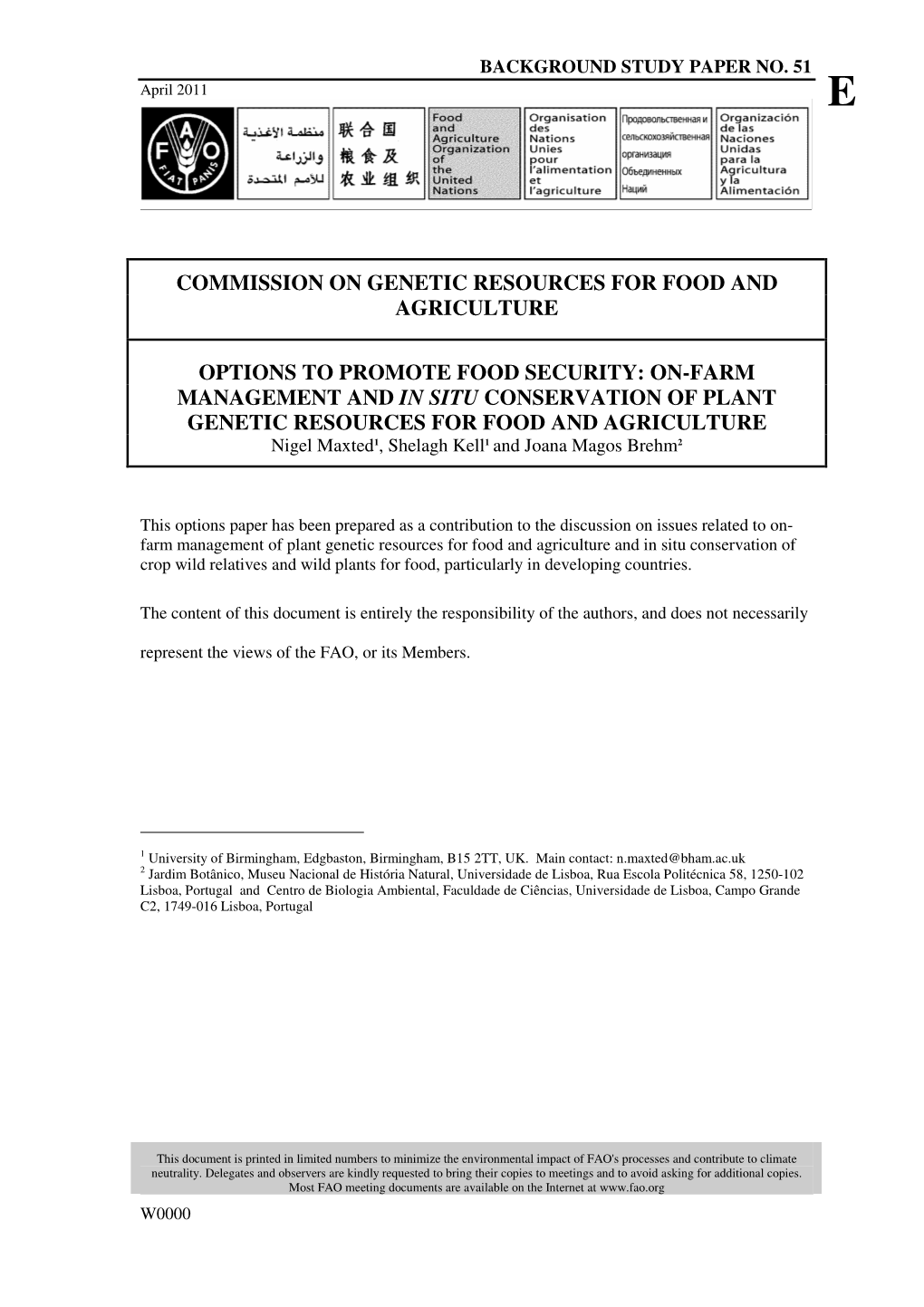 Options to Promote Food Security: On-Farm Management and in Situ Conservation of Plant Genetic Resources for Food and Agriculture