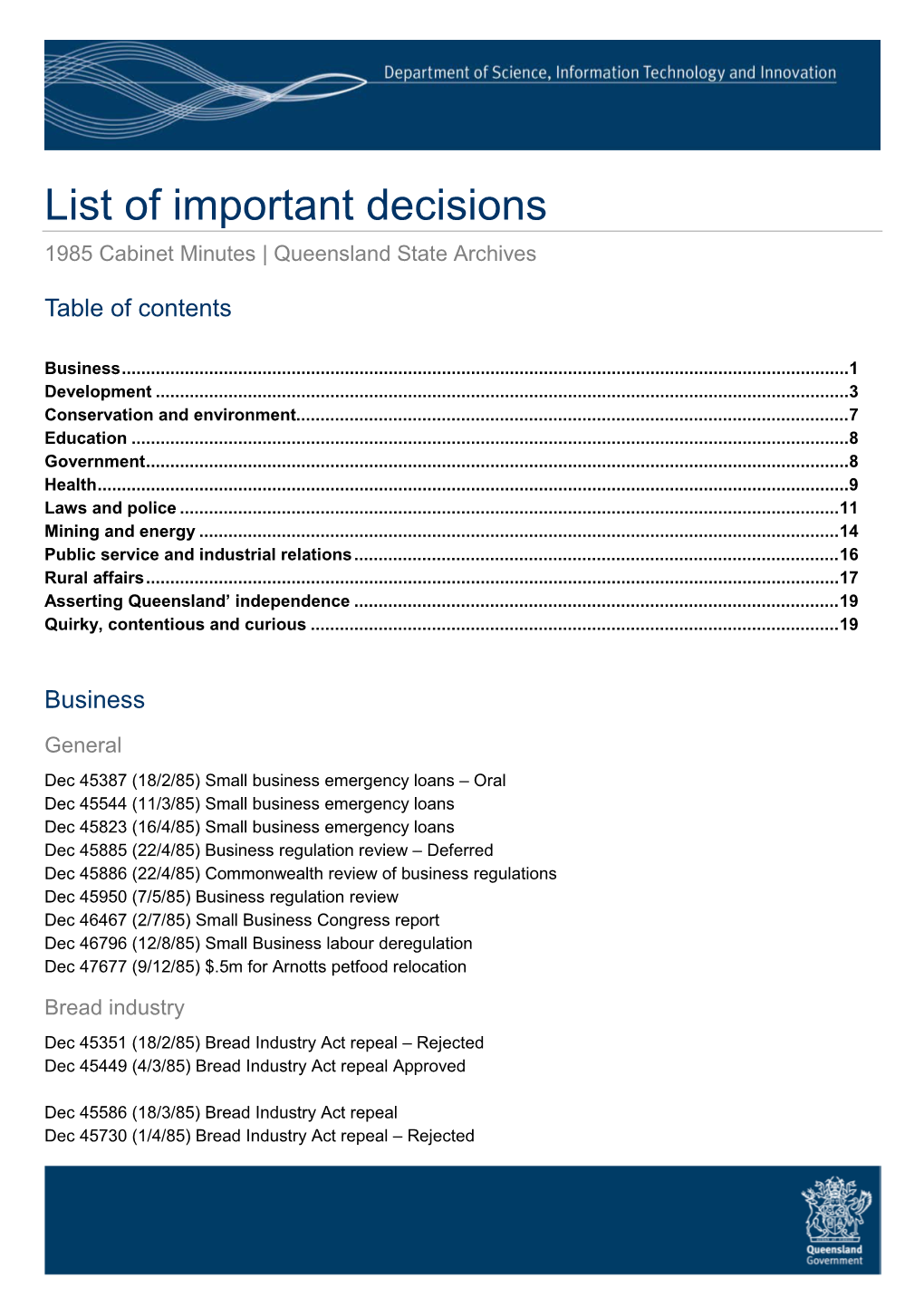 List of Important Decisions from 1985 Cabinet Minutes