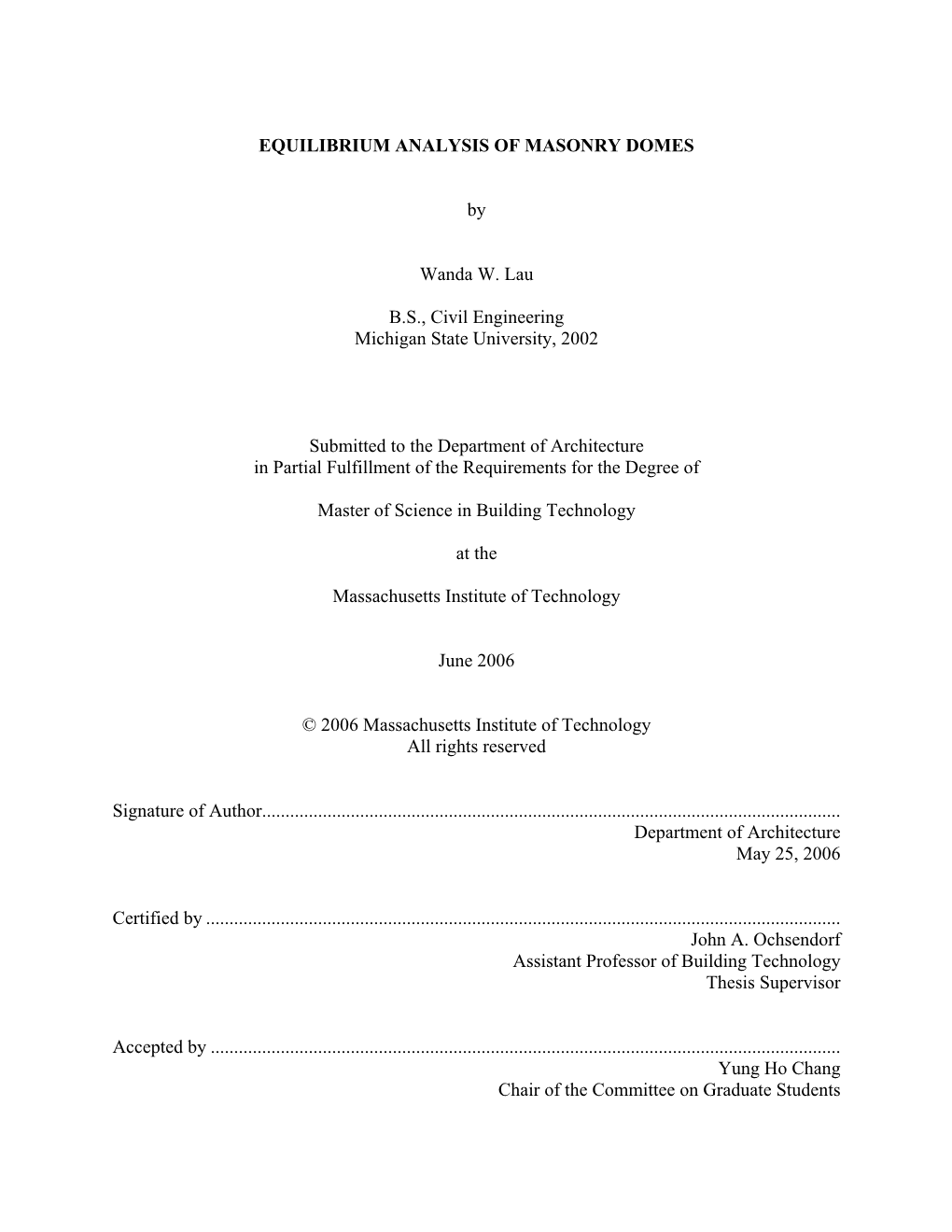 EQUILIBRIUM ANALYSIS of MASONRY DOMES by Wanda W