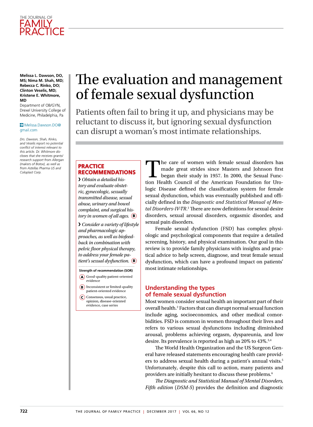 The Evaluation and Management of Female Sexual Dysfunction