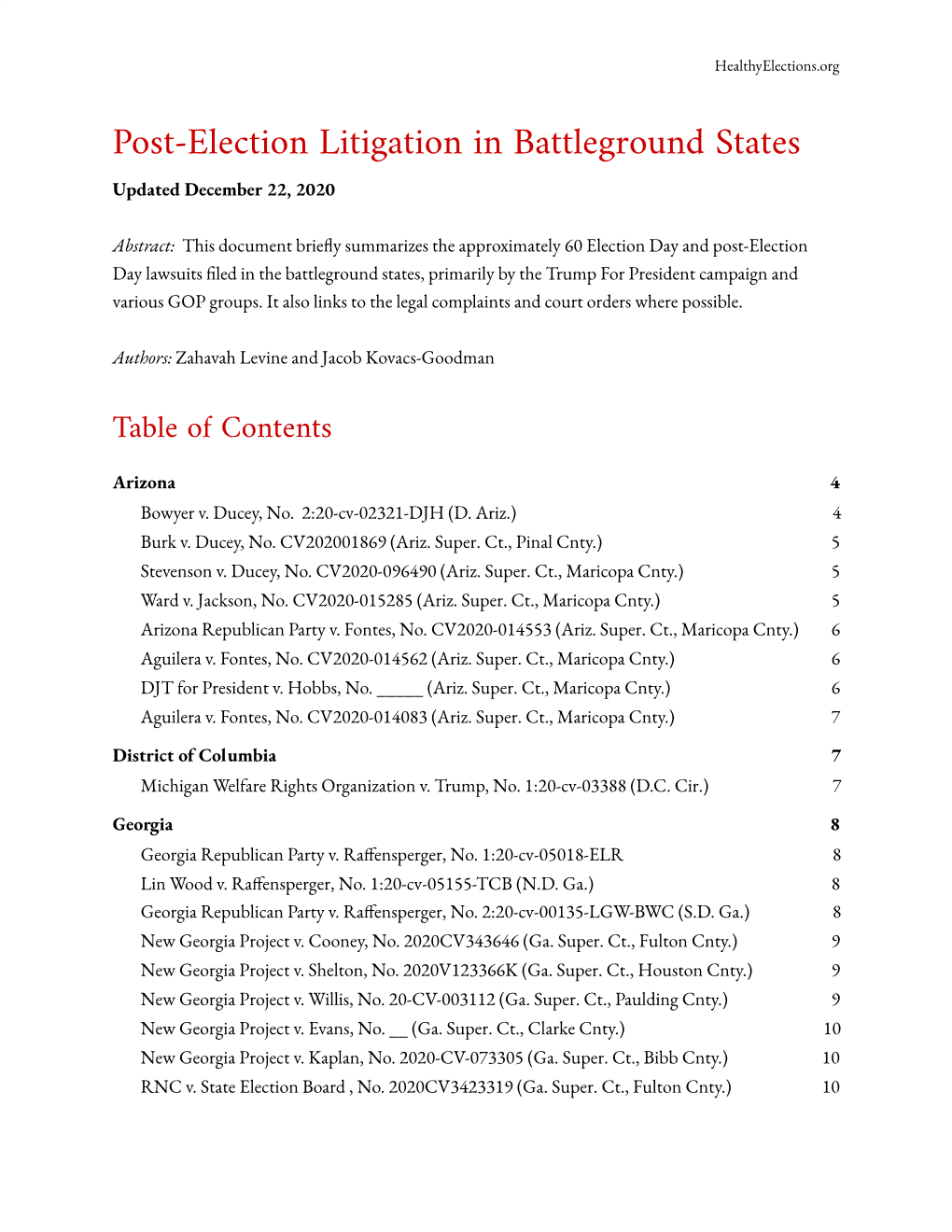 Post-Election Litigation in Battleground States Updated December 22, 2020