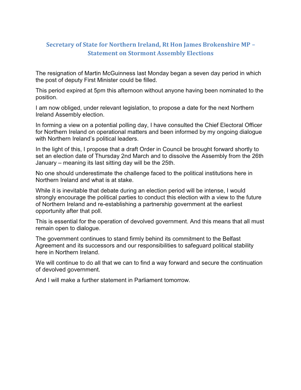 Secretary of State for Northern Ireland, Rt Hon James Brokenshire MP – Statement on Stormont Assembly Elections