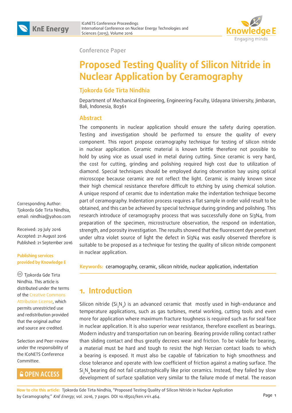 Proposed Testing Quality of Silicon Nitride in Nuclear Application By