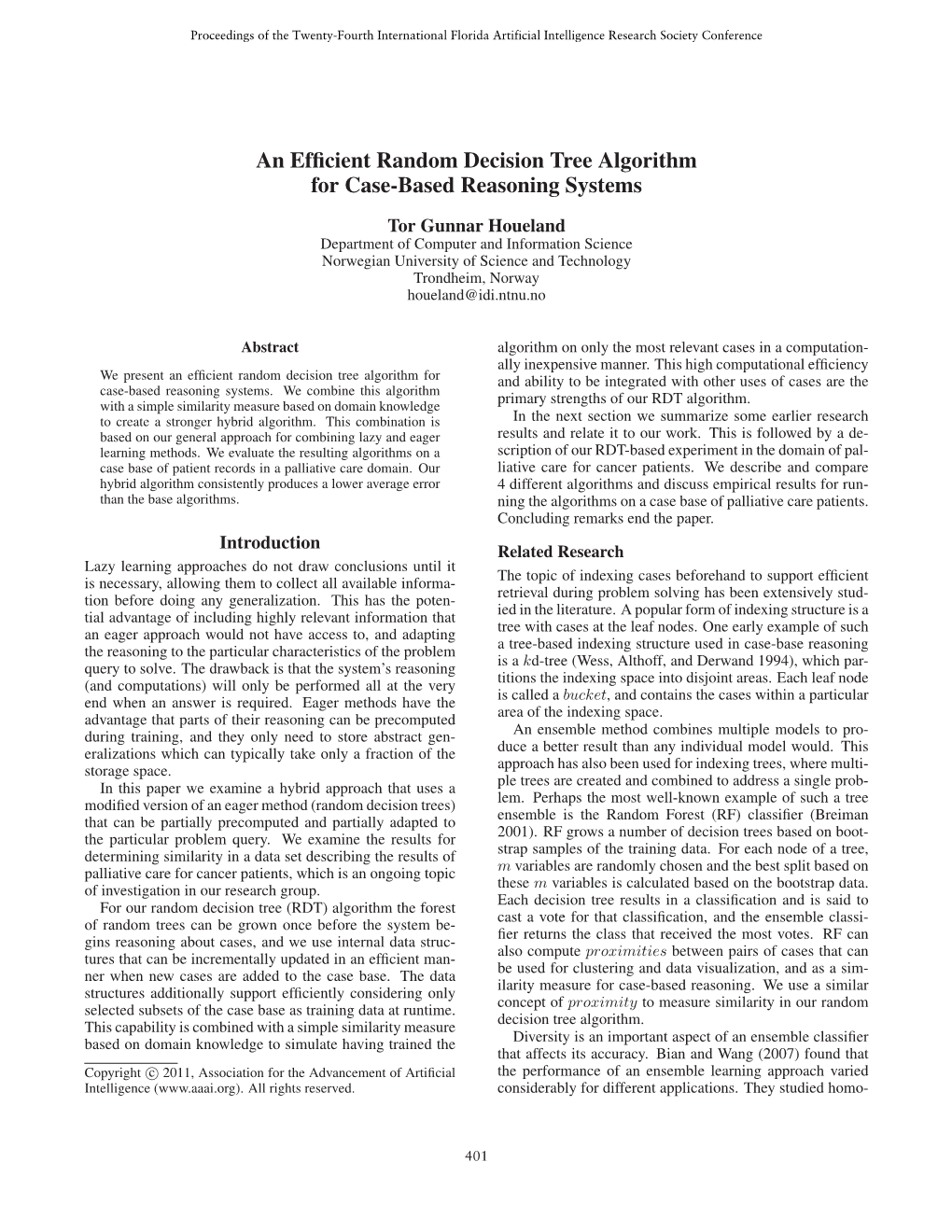 An Efficient Random Decision Tree Algorithm for Case-Based