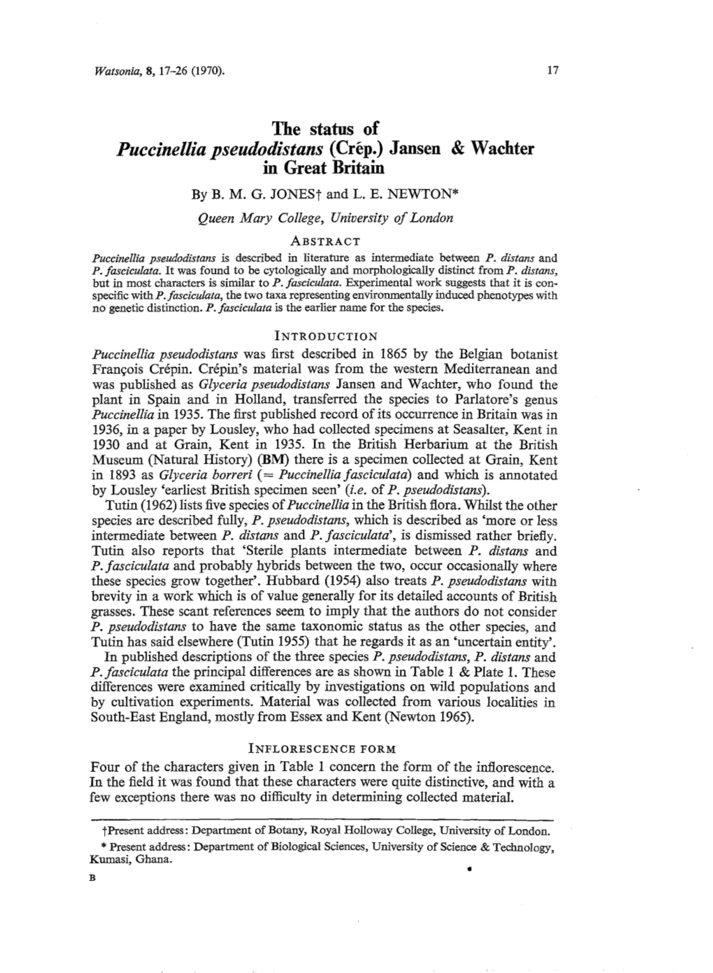 The Status of Puccinellia Pseudodistans (Crep.) Jansen & Wachter in Great Britain by B