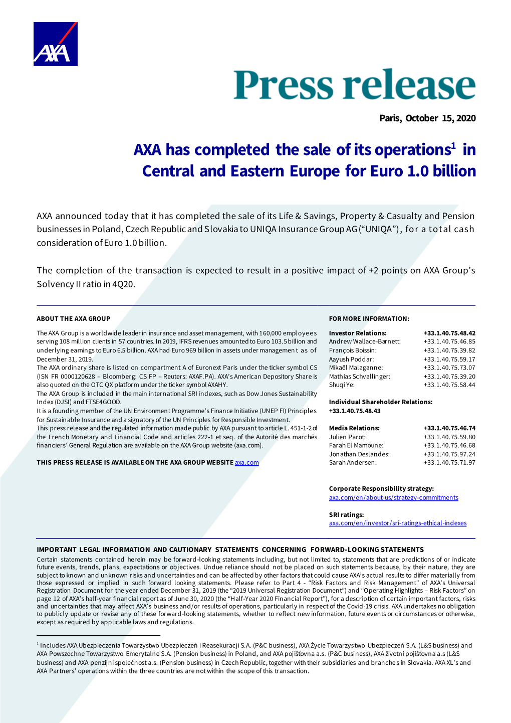 AXA Has Completed the Sale of Its Operations in Central and Eastern