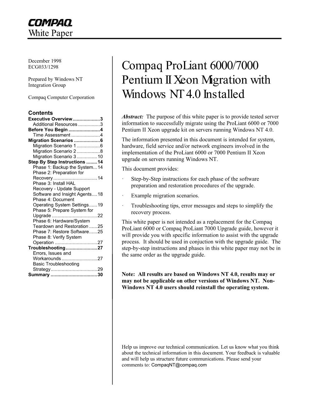 Compaq Proliant 6000/7000 Pentium II Xeon Migration with Windows NT