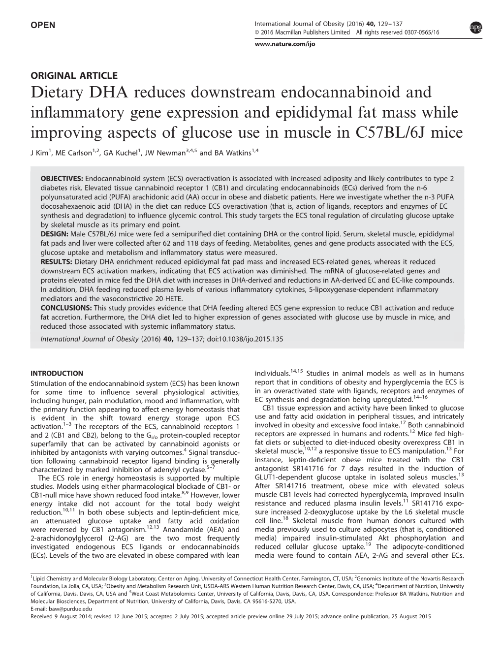 Dietary DHA Reduces Downstream Endocannabinoid and Inflammatory